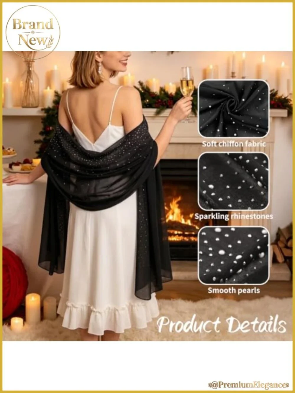 Rhinestone Chiffon Shawl Wrap Lightweight Sparkly Evening Cover Up